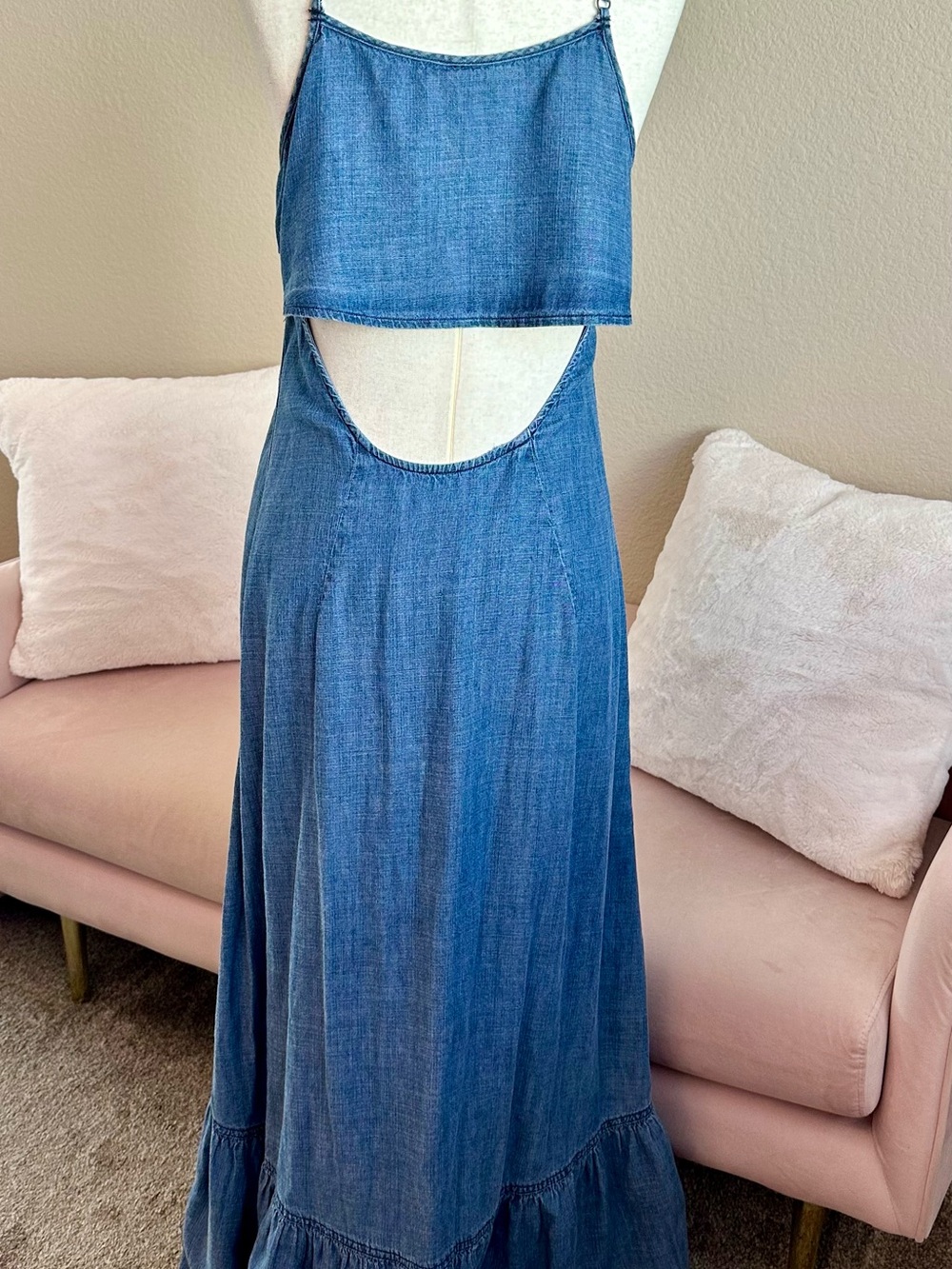 Free People Maxi Dress Denim Chambray Adjust Strap Open Flap Back Small Country